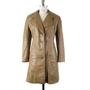 Vintage 70s Leather Jacket Brown Knee length Big Lapel